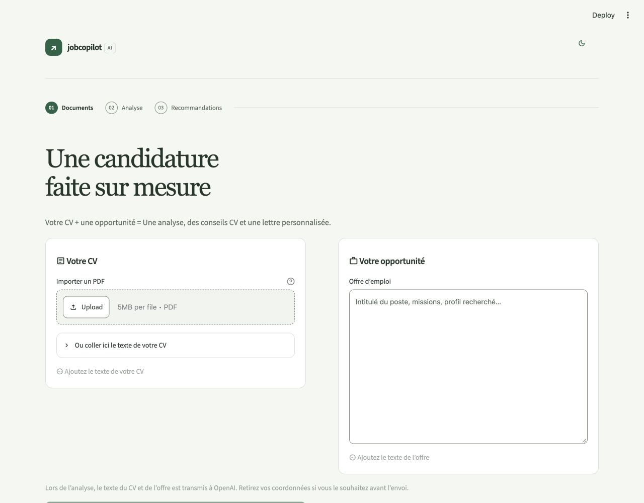 AI Job Copilot application: CV upload and job offer workspace
